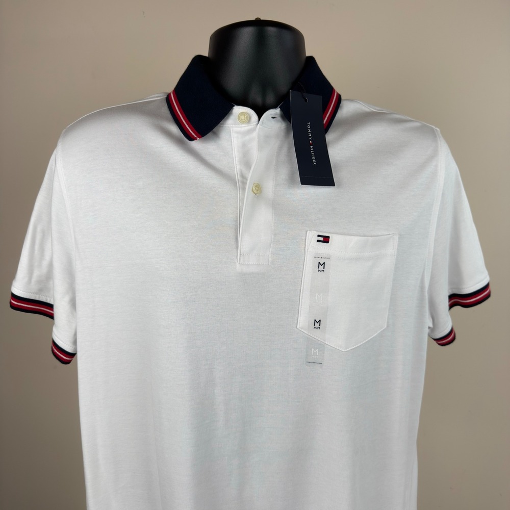 Tommy Hilfiger Mens White Polo Shirt Short Sleeve Pocket Medium XM03529 100 New